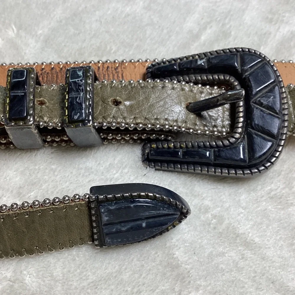 Olive Green Leather Western Belt Silver Ball Chain Trim Stone Buckle Small